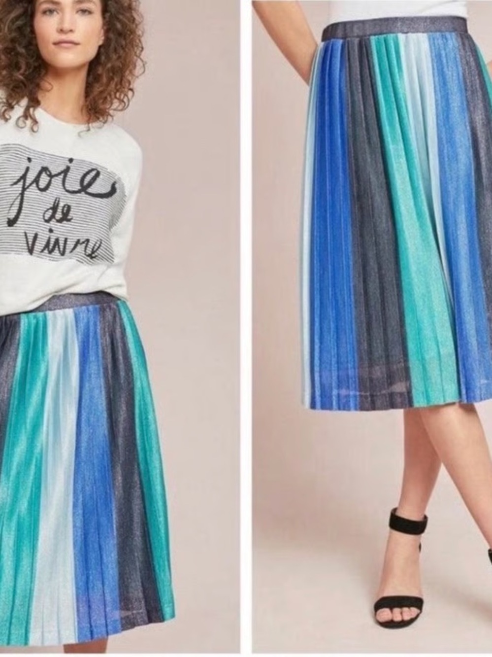 Maeve Multicolor Blue Teal & White Striped Pleated Midi Skirt